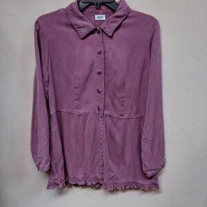 Heaven Womens Small Tencel Button Front Ruffle Hem Shirt Purple Long Sleeve USA